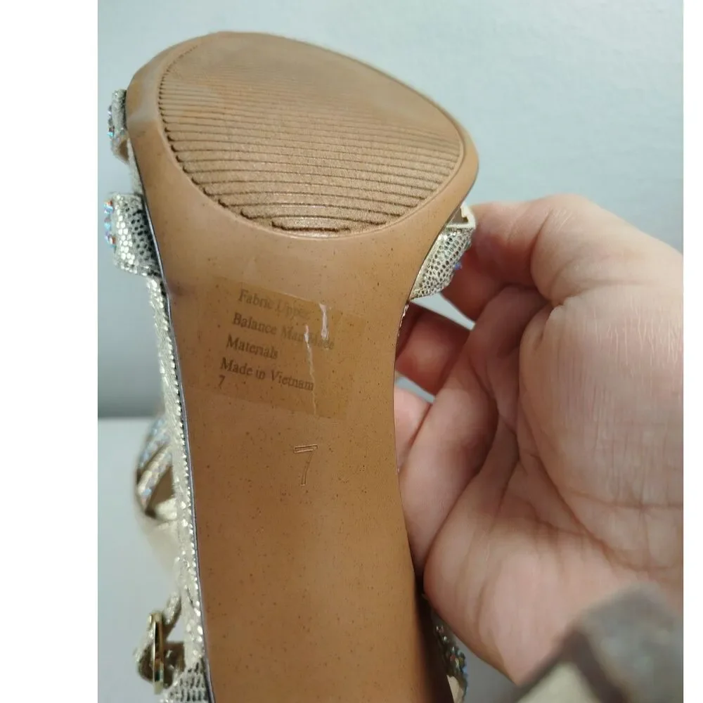 Kelly & Katie Womens Size 7 Champagne Rhinestone T-Strap Heels Dress Sandals - Picture 3 of 7